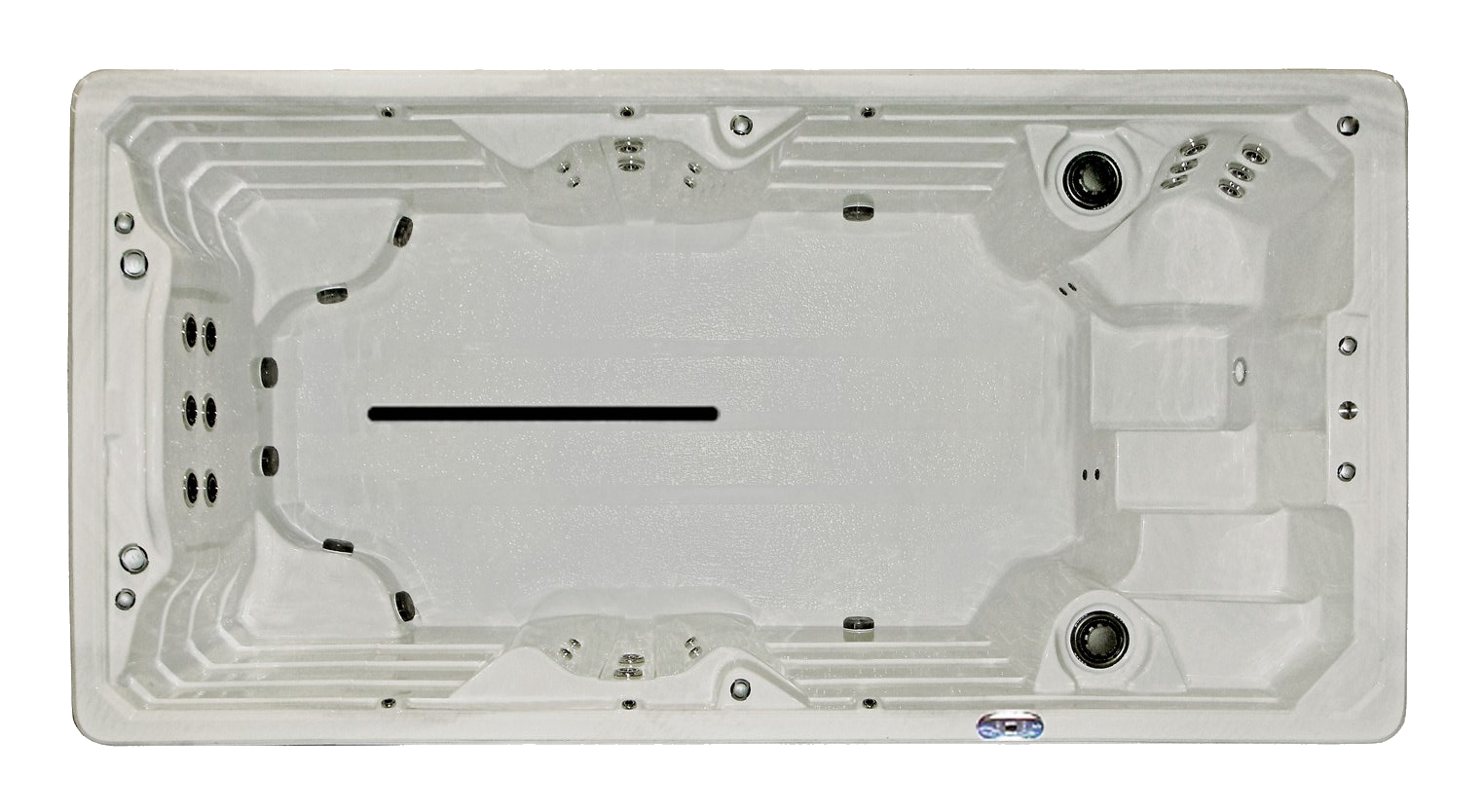 Top-down view of a rectangular, white swim spa with jets, seating, and a swim lane marker.