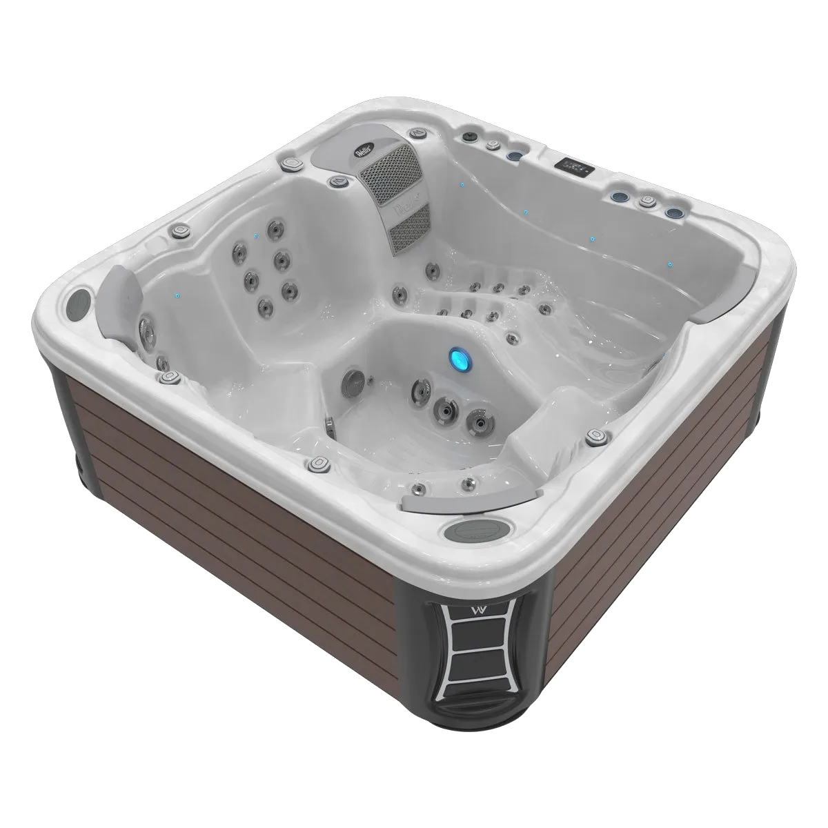 Hot tub with brown siding and white interior, filled with water and jets.