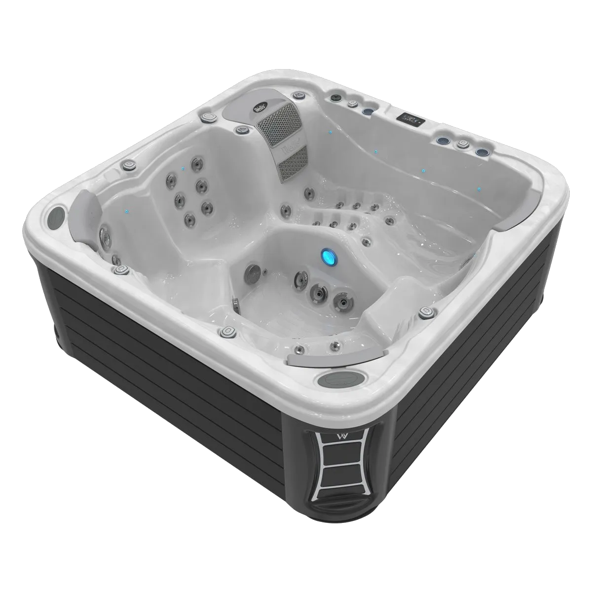 Gray and white hot tub with gray exterior, seats, and jets.