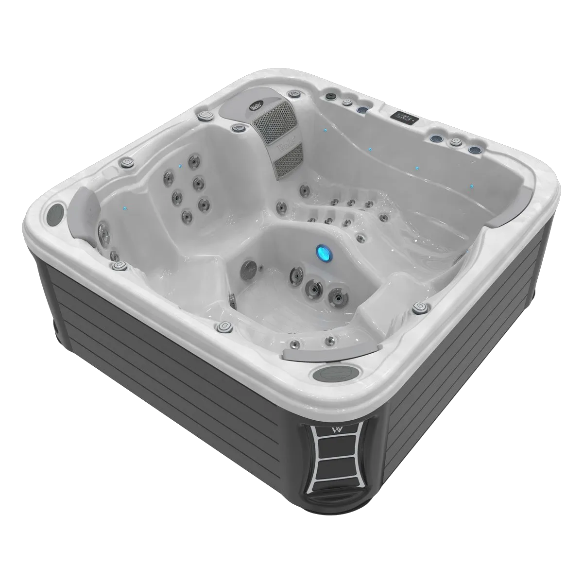 Gray and white hot tub with multiple jets, seating, and a small ladder.