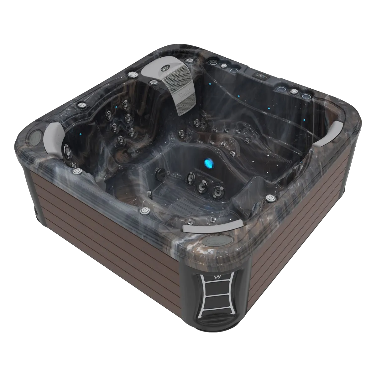 Square hot tub with brown siding and dark marbled interior, with a built-in step.