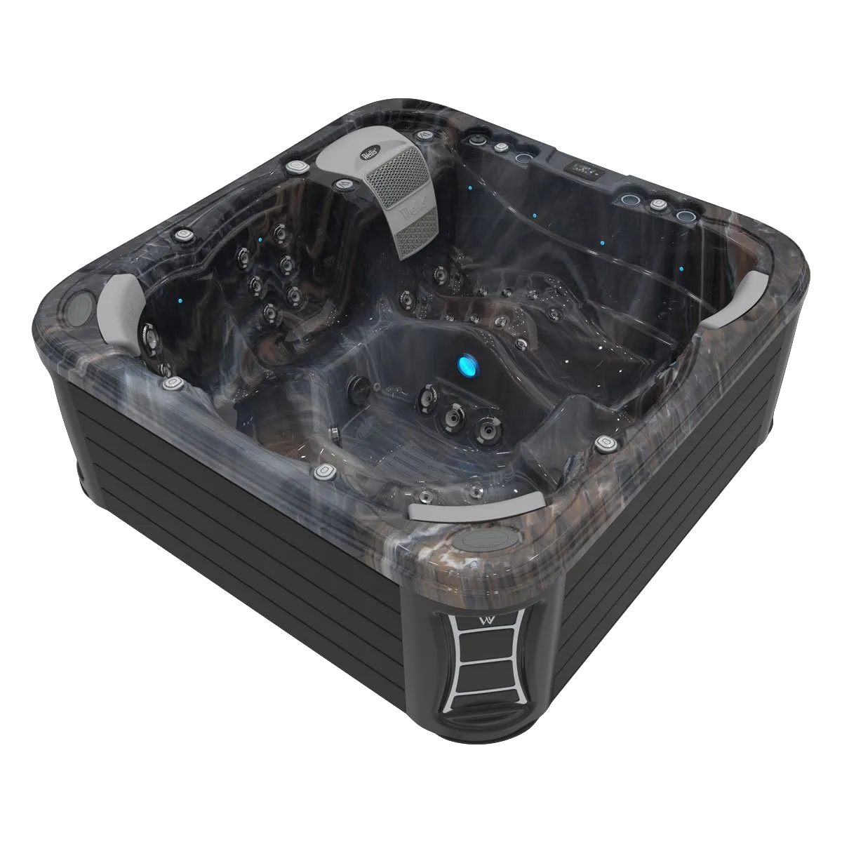 Dark gray hot tub with black exterior, overhead view.