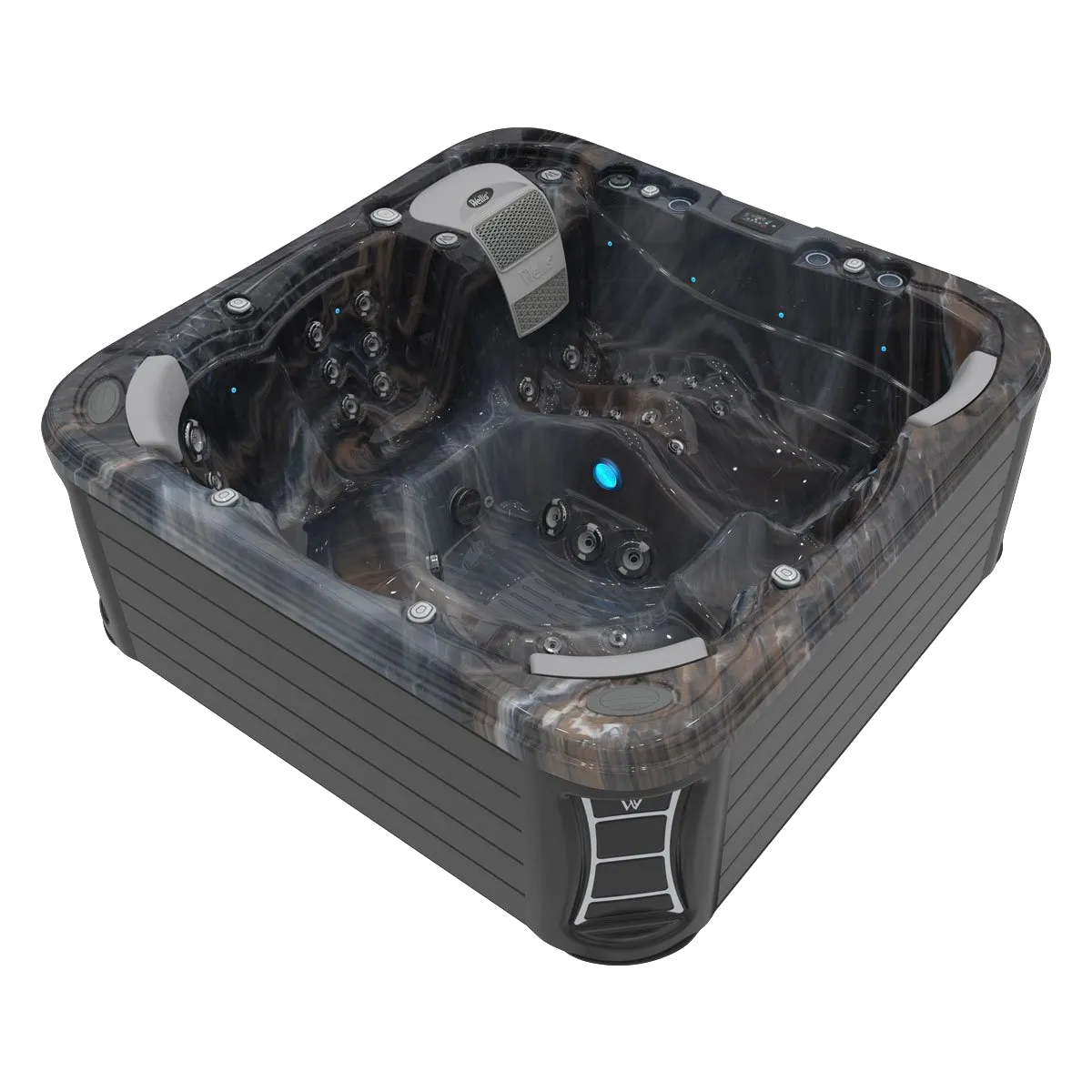 Dark-colored hot tub with silver accents, interior water jets, and a small step ladder in an outdoor setting.