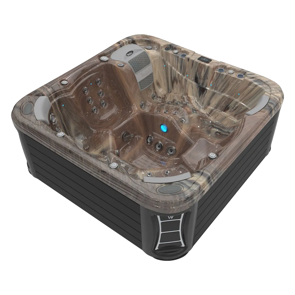 Square hot tub with brown marbled interior, black exterior, and a small step.