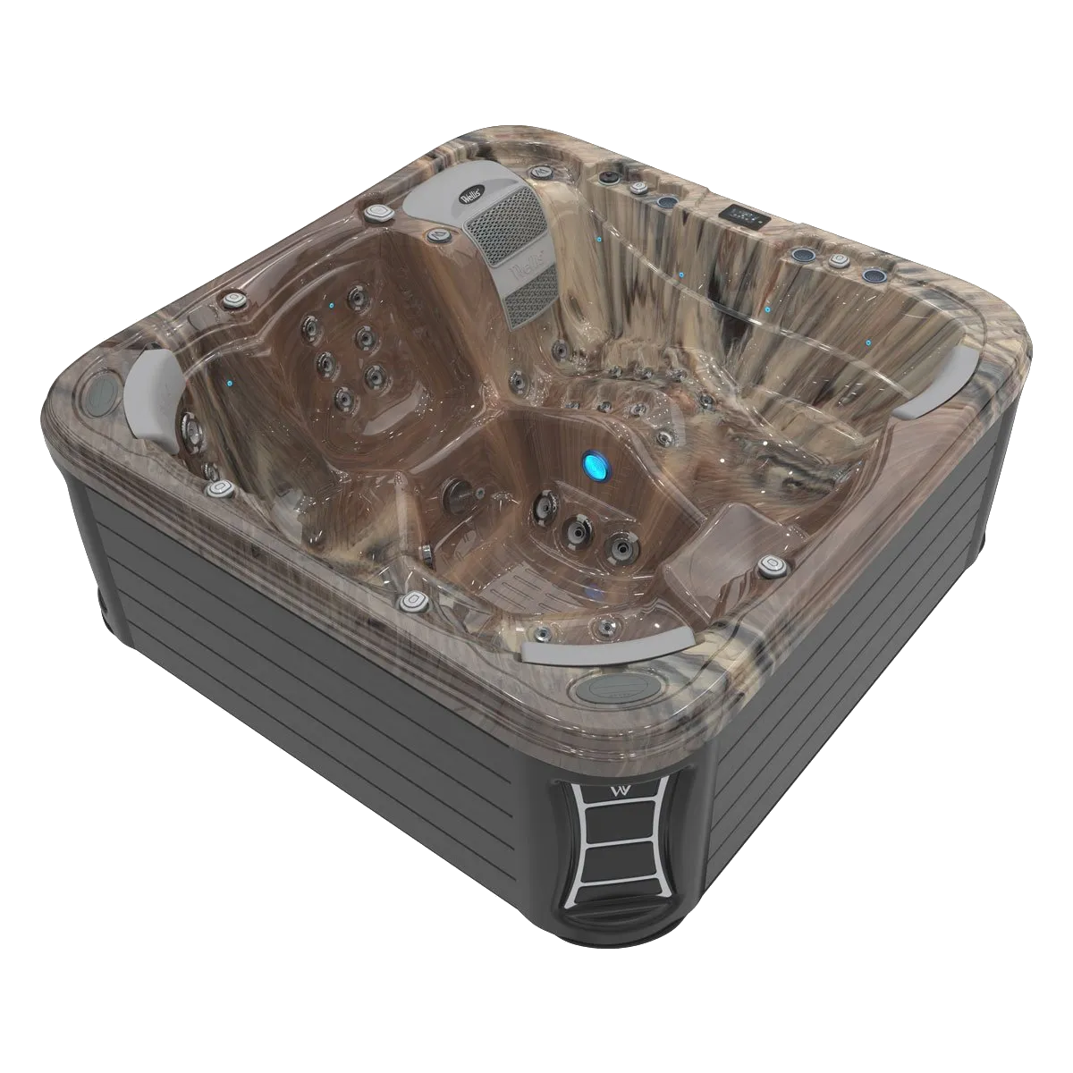 Square hot tub with brown marbled interior, dark gray exterior, and a small, silver step.
