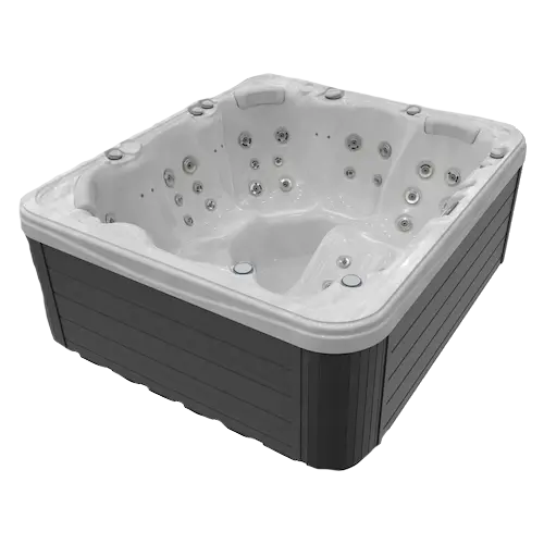 Gray hot tub with gray exterior, filled with water and jet nozzles.