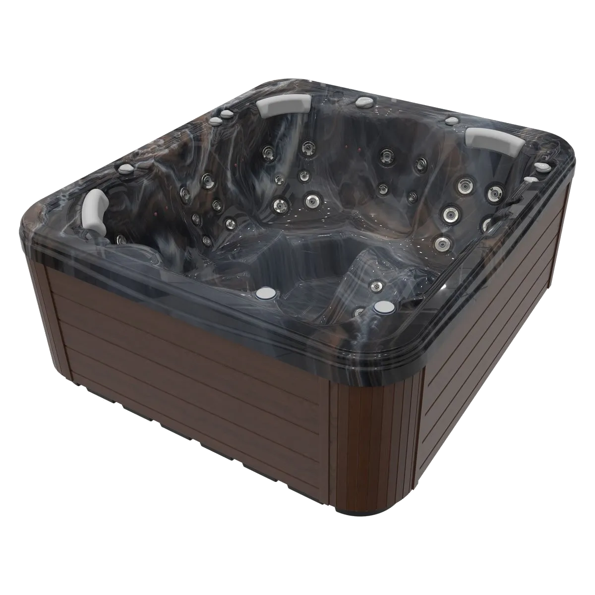 Square hot tub with brown exterior and dark interior, filled with water and jets.