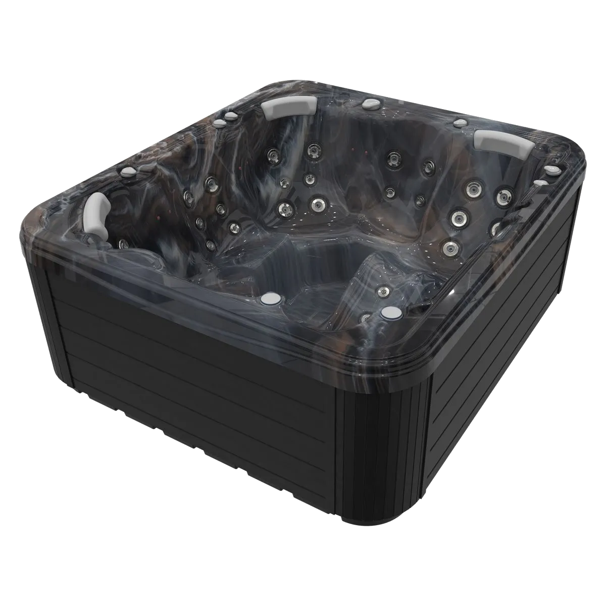 Dark gray square hot tub with water jets, set against a black exterior.