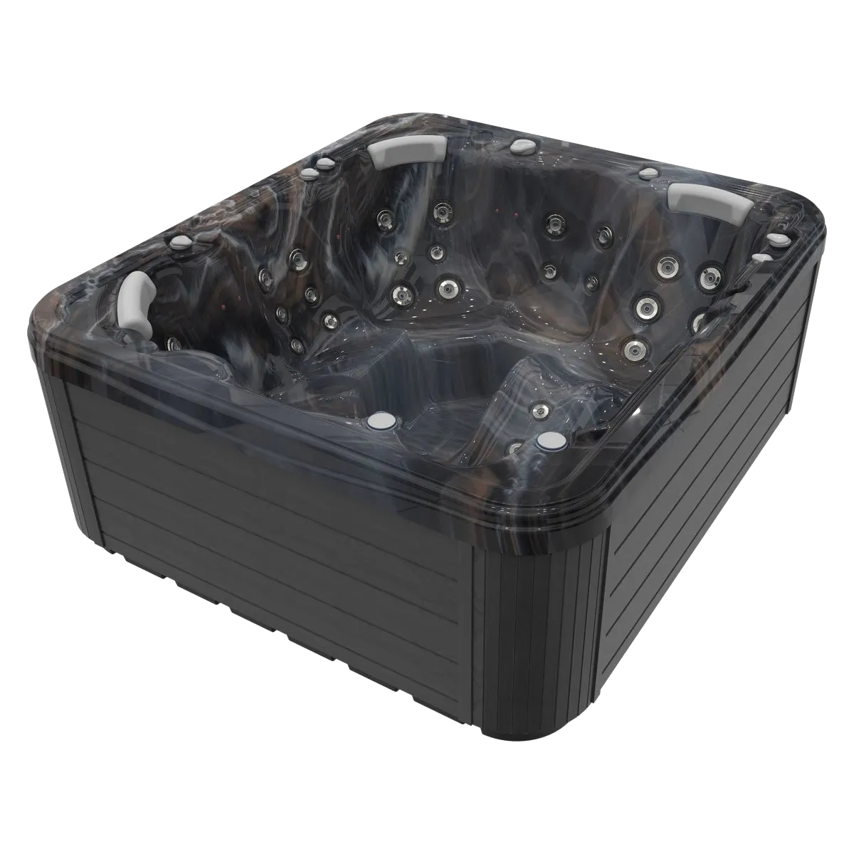 Black square hot tub with water jets, set outdoors.