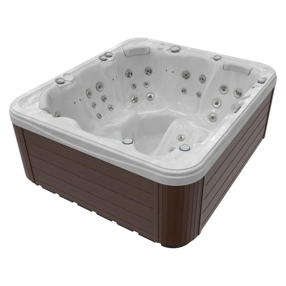 Square hot tub with brown siding and white interior, filled with jets.