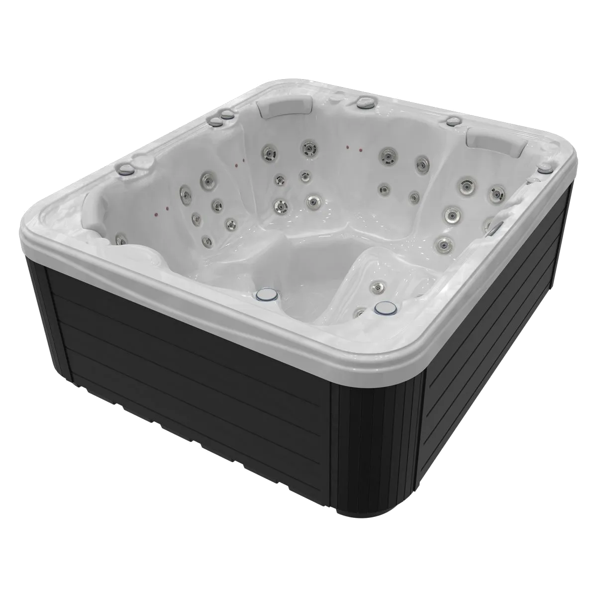 Square hot tub with white interior, dark gray exterior, and multiple water jets.