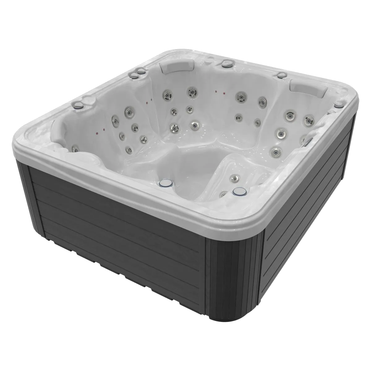 Gray and white hot tub with multiple jets.