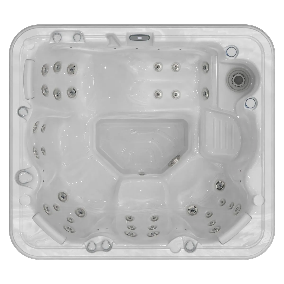 White, square hot tub with multiple jets, seating areas, and a control panel.