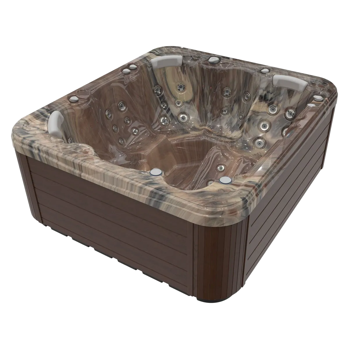 Square hot tub with brown exterior and patterned interior, filled with water, jets visible.
