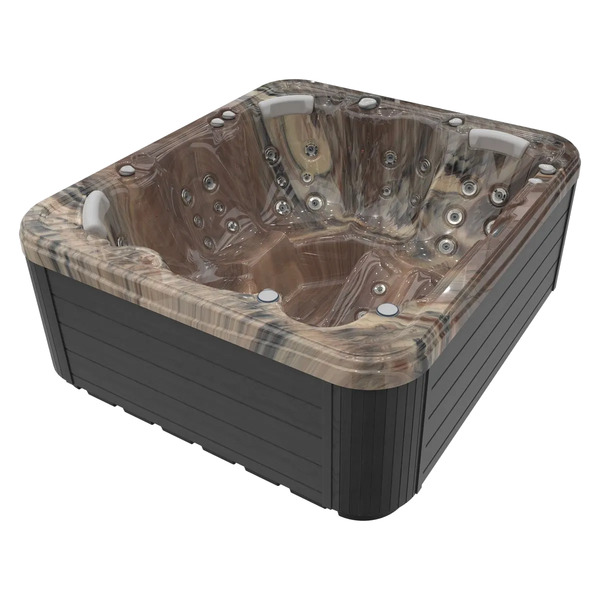 A square hot tub with brown marbled interior, black exterior, and numerous jets.