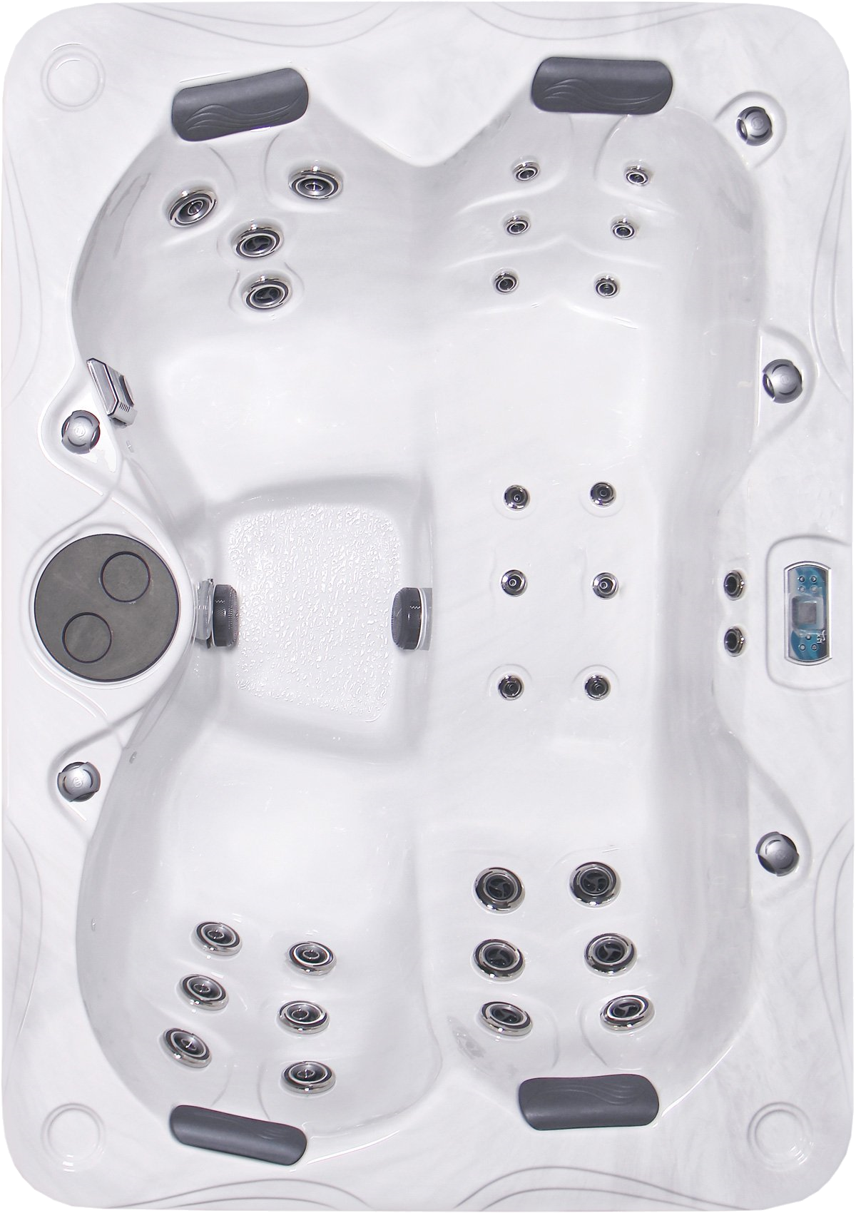 Overhead view of a white, multi-person hot tub with built-in jets and control panel.