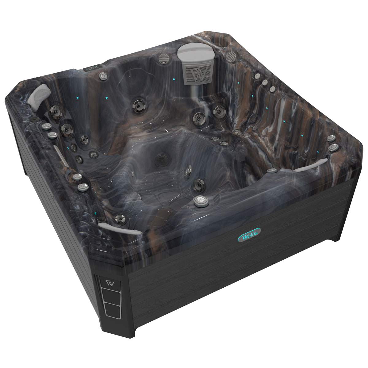 Black and marbled hot tub with gray accents and control panel.