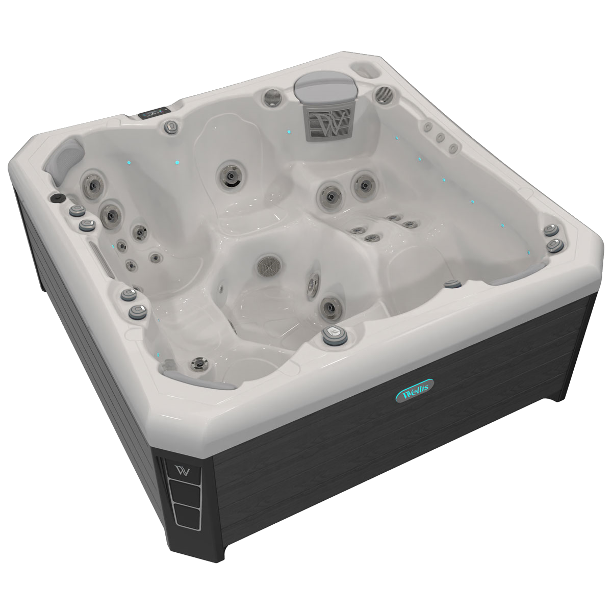A gray and white hot tub with multiple jets, control panel, and dark gray skirting.
