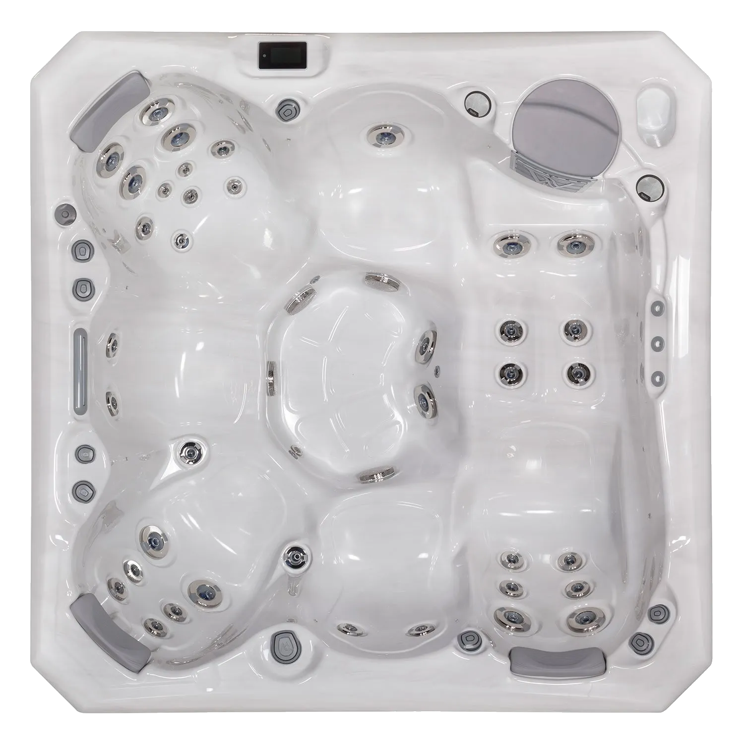 Overhead view of a white, square hot tub with multiple jet placements, seats, and a control panel.