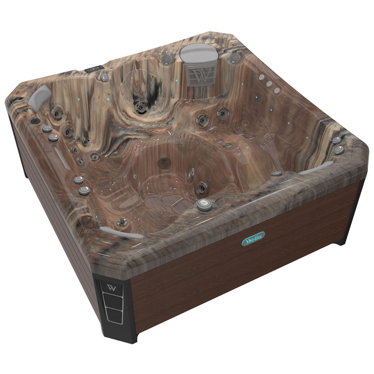Brown and tan hot tub with multiple jets, control panel, and textured surface.