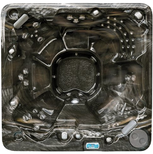 Overhead view of a dark gray hot tub interior with seating, jets, and control panel.