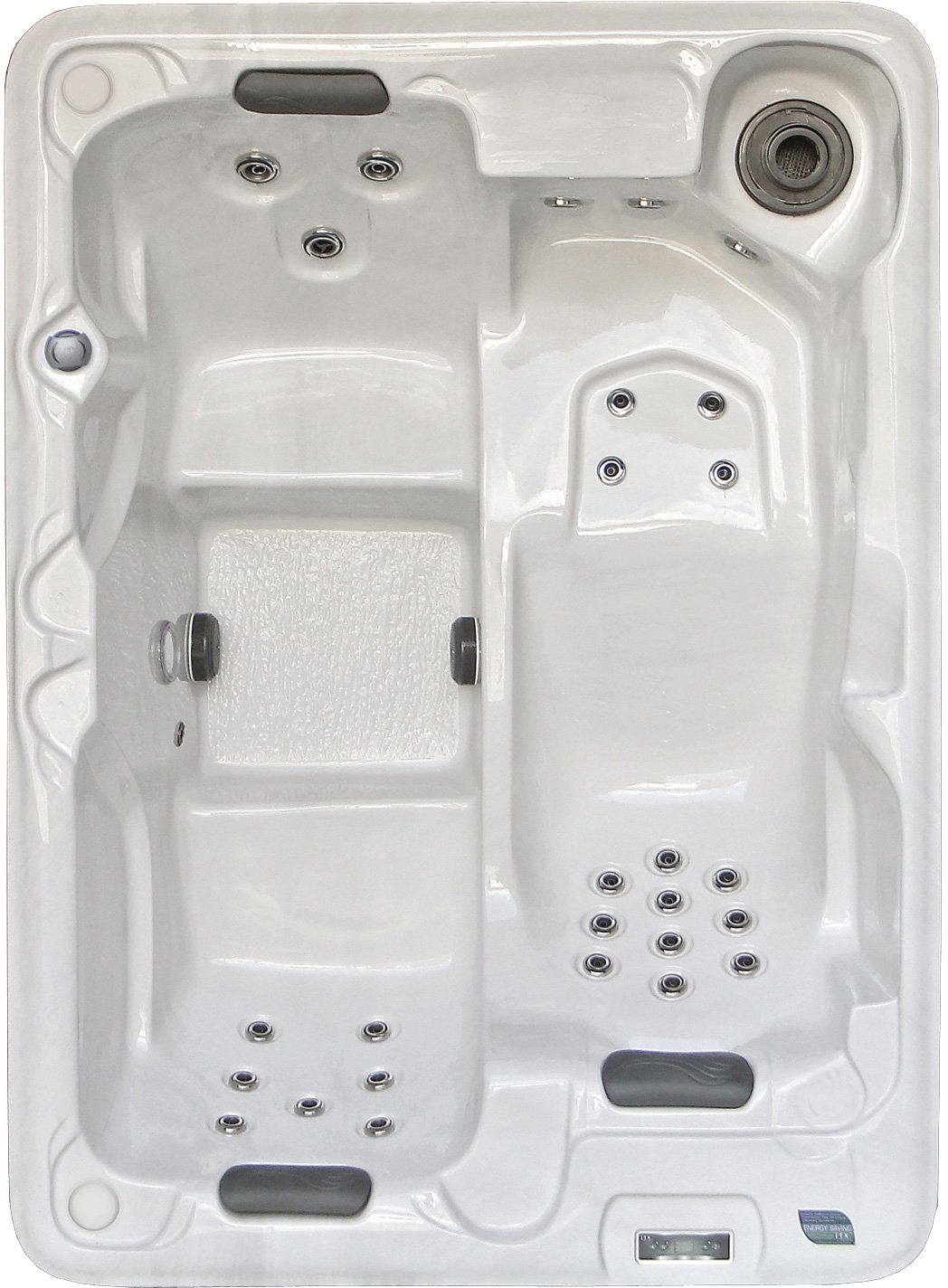 Top-down view of a white, rectangular hot tub with two reclined seating areas and multiple jets.