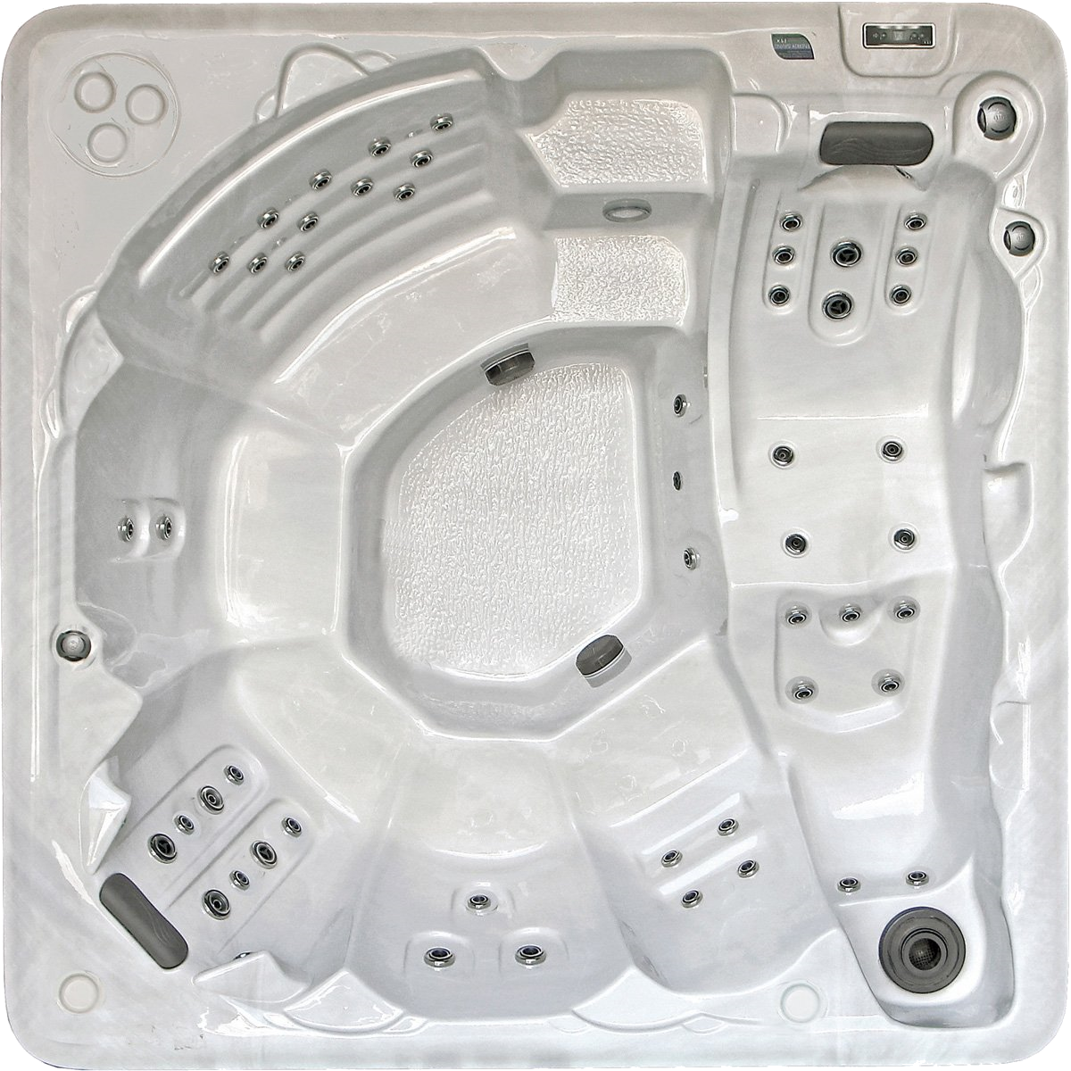Overhead view of a white, multi-person hot tub with molded seating and multiple jets.