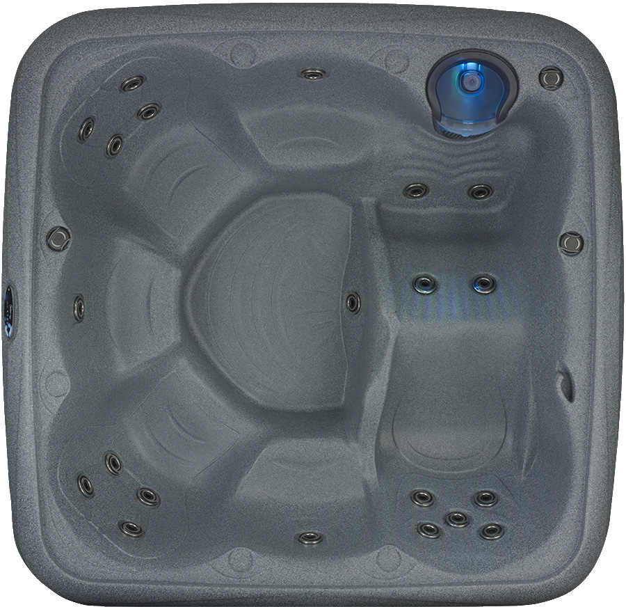 Overhead view of a gray square hot tub with multiple seats and jets; illuminated blue light in one corner.