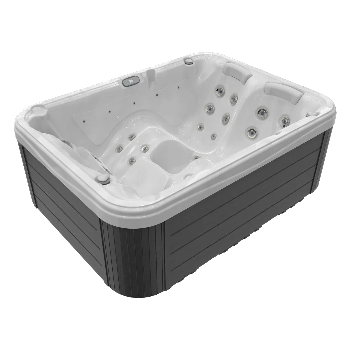 Rectangular hot tub with gray exterior and white interior, filled with no water.