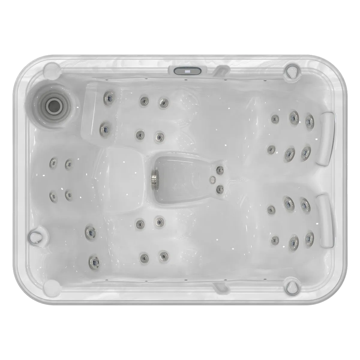 Top-down view of a white, rectangular hot tub with various jets and seating areas.