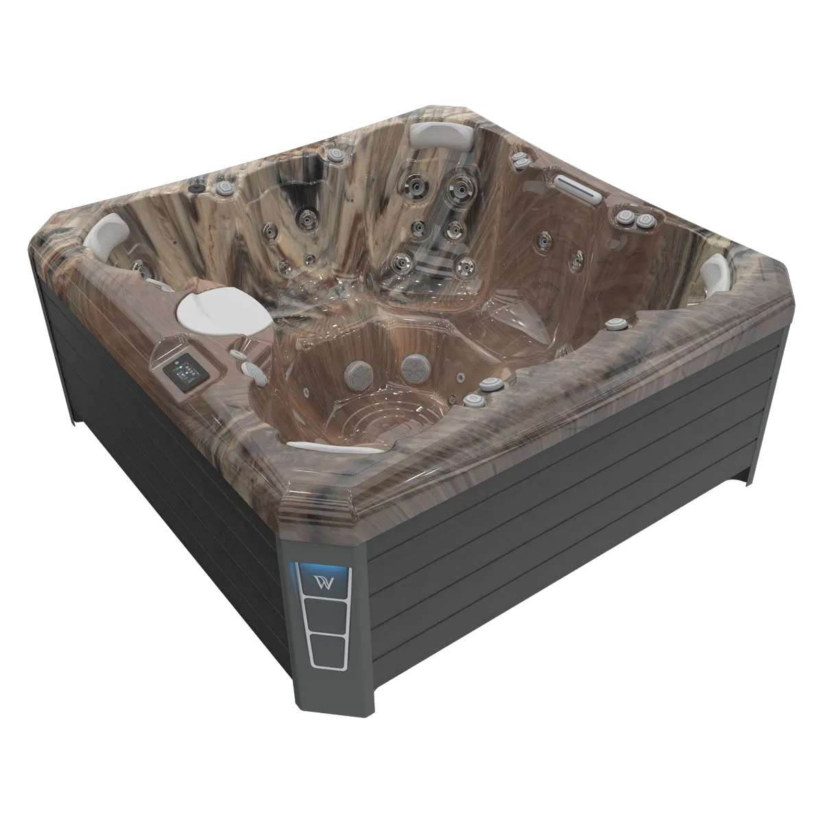 Square hot tub with brown and gray exterior and seating; control panel visible.