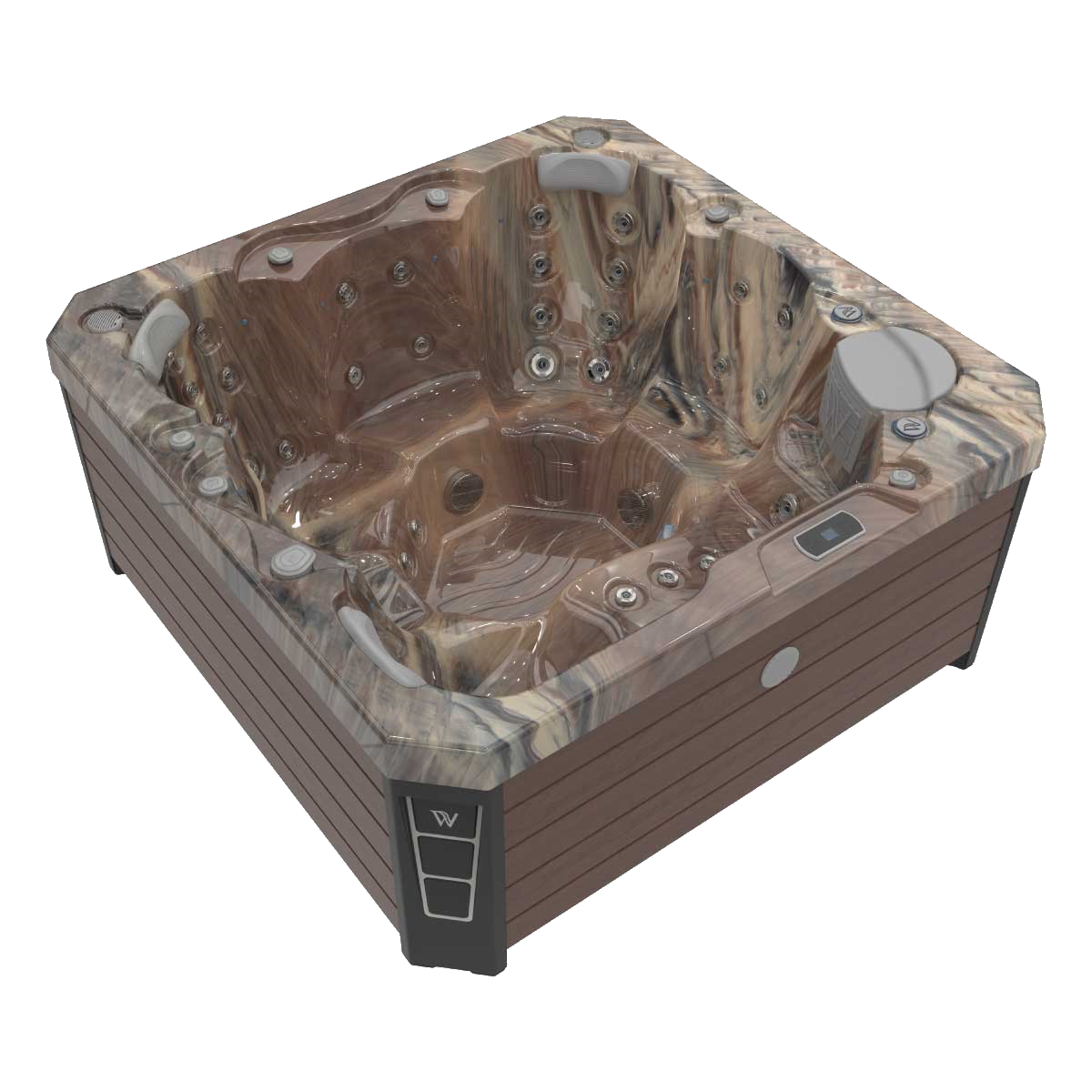 Brown and tan square hot tub with seating and jets.
