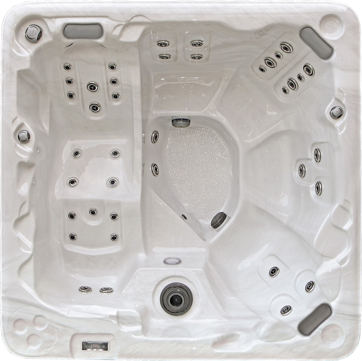 Overhead view of a white, square hot tub with multiple seating areas and jets.