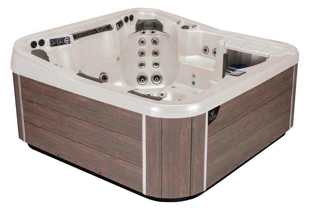 Brown and cream-colored hot tub with jets and seating, set outdoors.