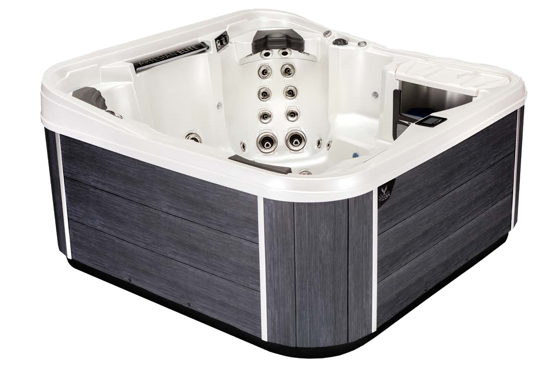 Hot tub with gray wood-look exterior and white interior. Jets visible.