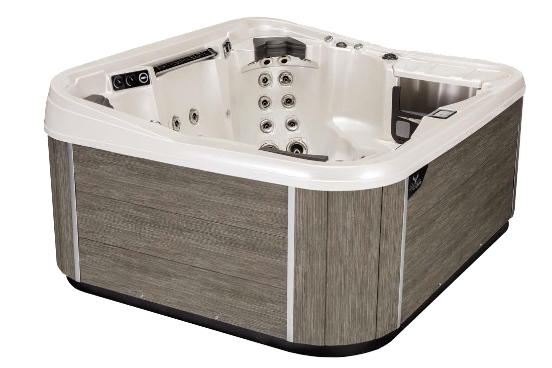 A rectangular hot tub with grey wood-like siding and a white interior, ready for use.
