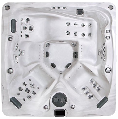 Overhead view of a square, white hot tub with multiple jets, seats, and control panel.