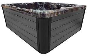 Dark gray hot tub with water and marbled edge.