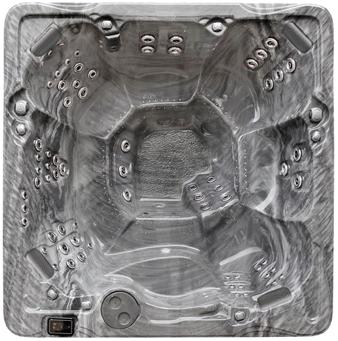 Top-down view of a grey marble-patterned hot tub with multiple jets and seating areas.