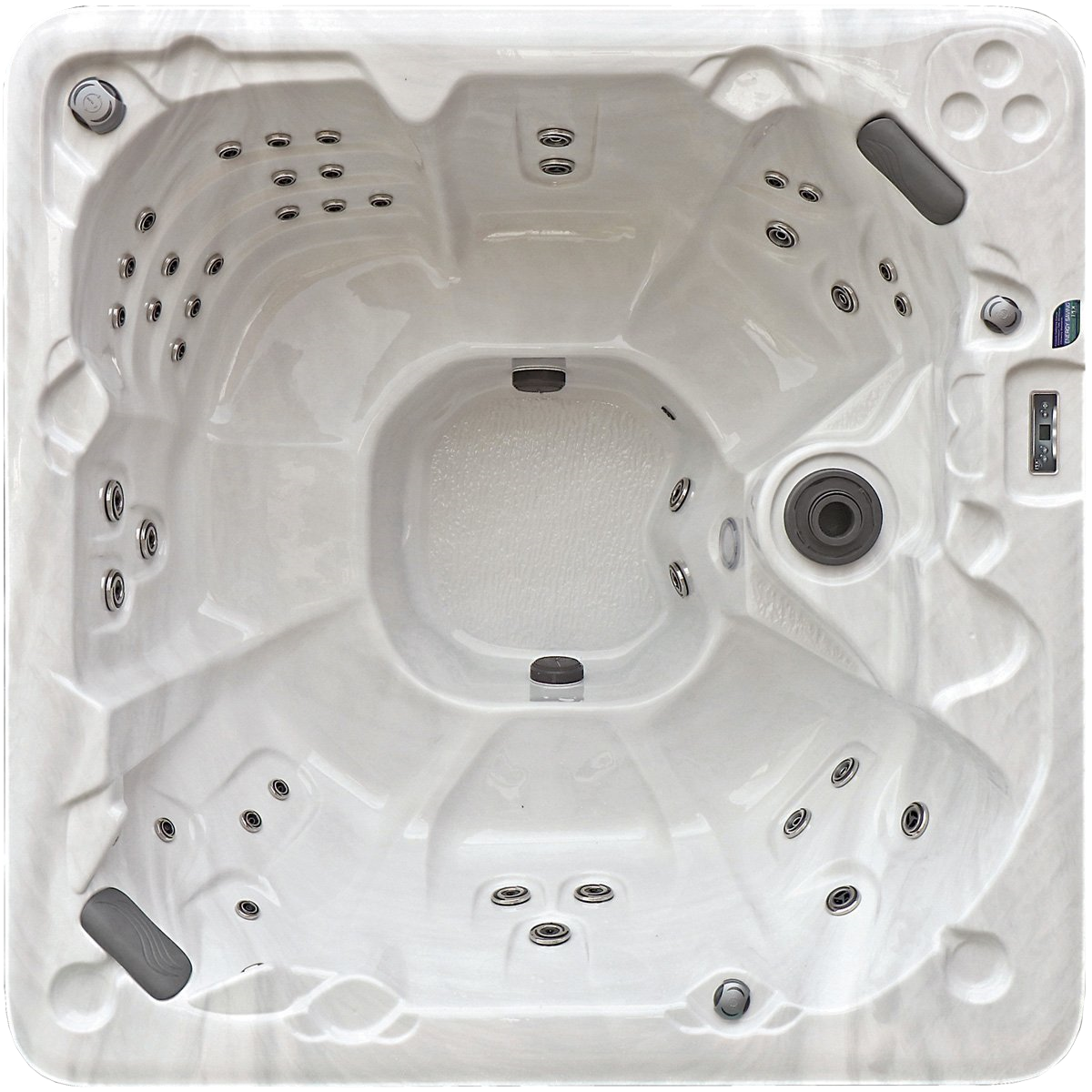 Overhead view of a white, square hot tub with multiple jet nozzles and built-in seating.