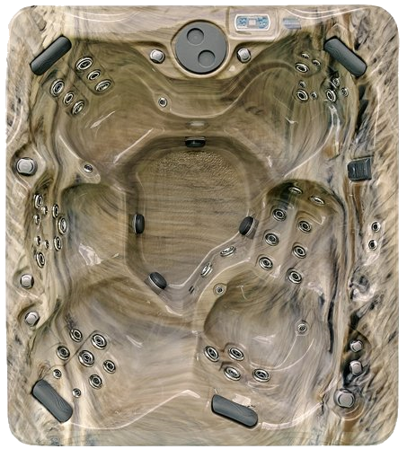 Top-down view of a marbled-looking hot tub with multiple jets, seating areas, and a control panel.