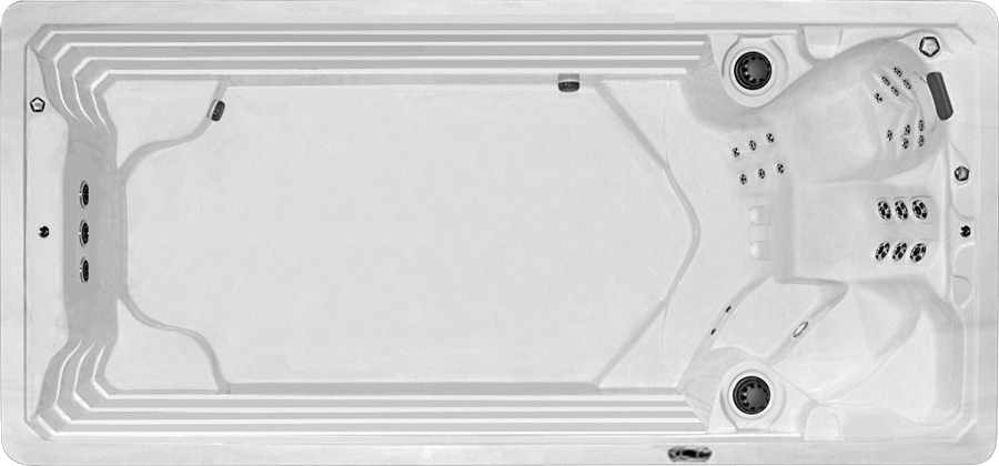 Overhead view of a rectangular, white swim spa with two seated areas and swim area.