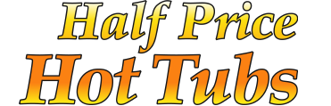 Half Price Hot Tubs advertisement in yellow and orange gradient text.