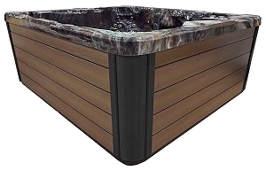 A square hot tub with brown siding and a dark marble-look top. The corners are black.