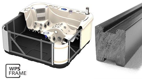 Hot tub with a composite frame displayed next to a section of the frame material.