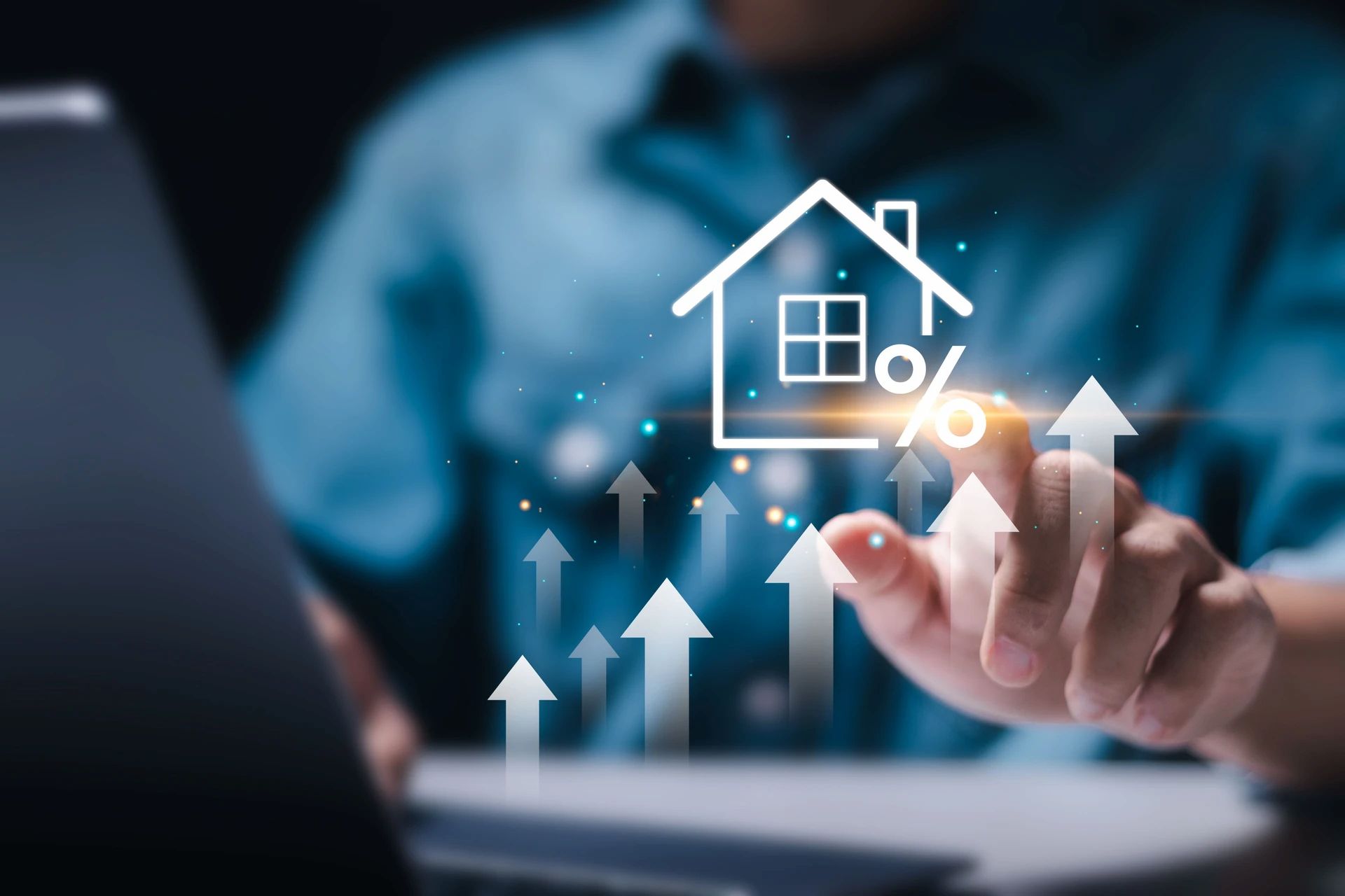 Person Touching a Digital Home Icon With Rising Arrows, Symbolizing Increasing Interest Rates — Into Finance Lending Solutions in Diamond Beach, NSW