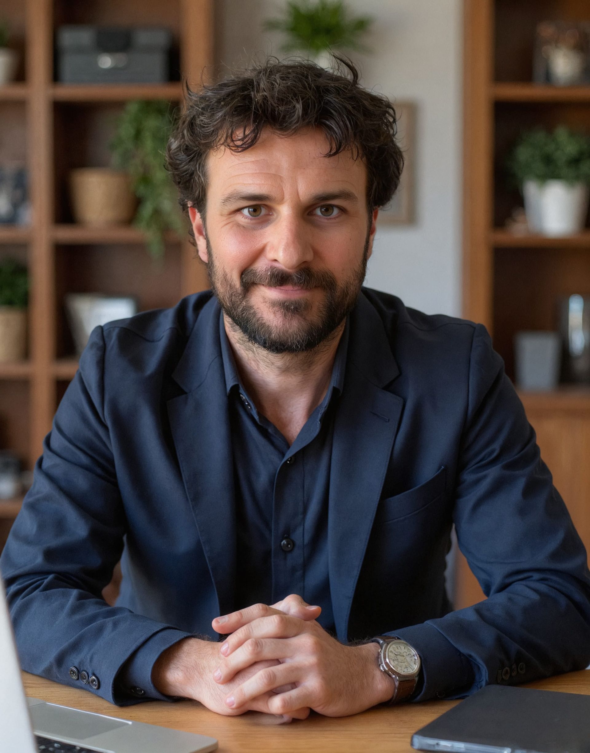 Man with brown curly hair and beard wearing a navy blazer, seated, smiling. Wooden shelves in background - Into Finance Lending Solutions in Coomba Bay, NSW
