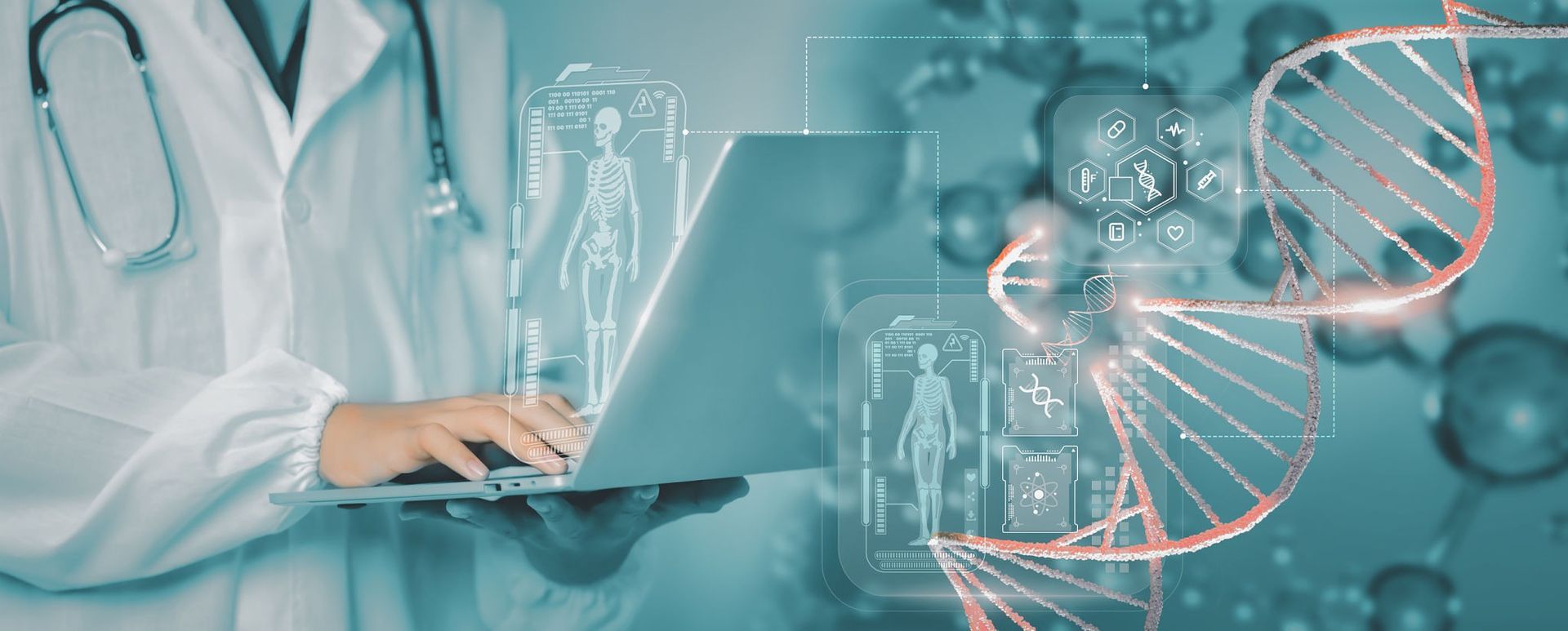 Doctor Using Laptop With Dna and Human Body Visualizations — Into Finance Lending Solutions in Coomba Bay, NSW