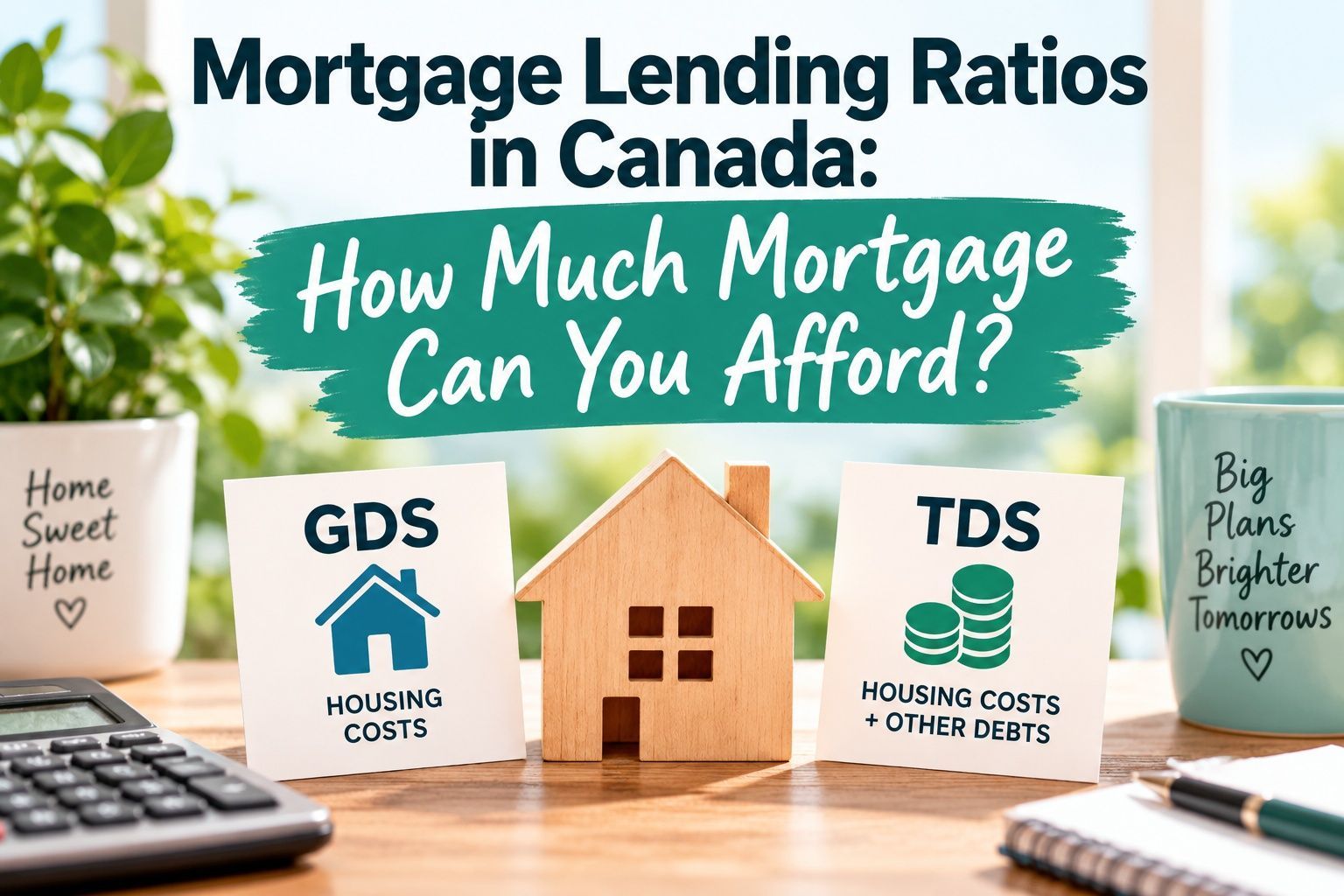 Infographic on Canadian mortgage lending ratios, with house icons, GDS, TDS, and “How Much Mortgage Can You Afford?” text