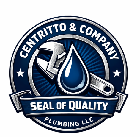 Centritto & Company Plumbing logo: silver wrench, blue water drop, and banner with 
